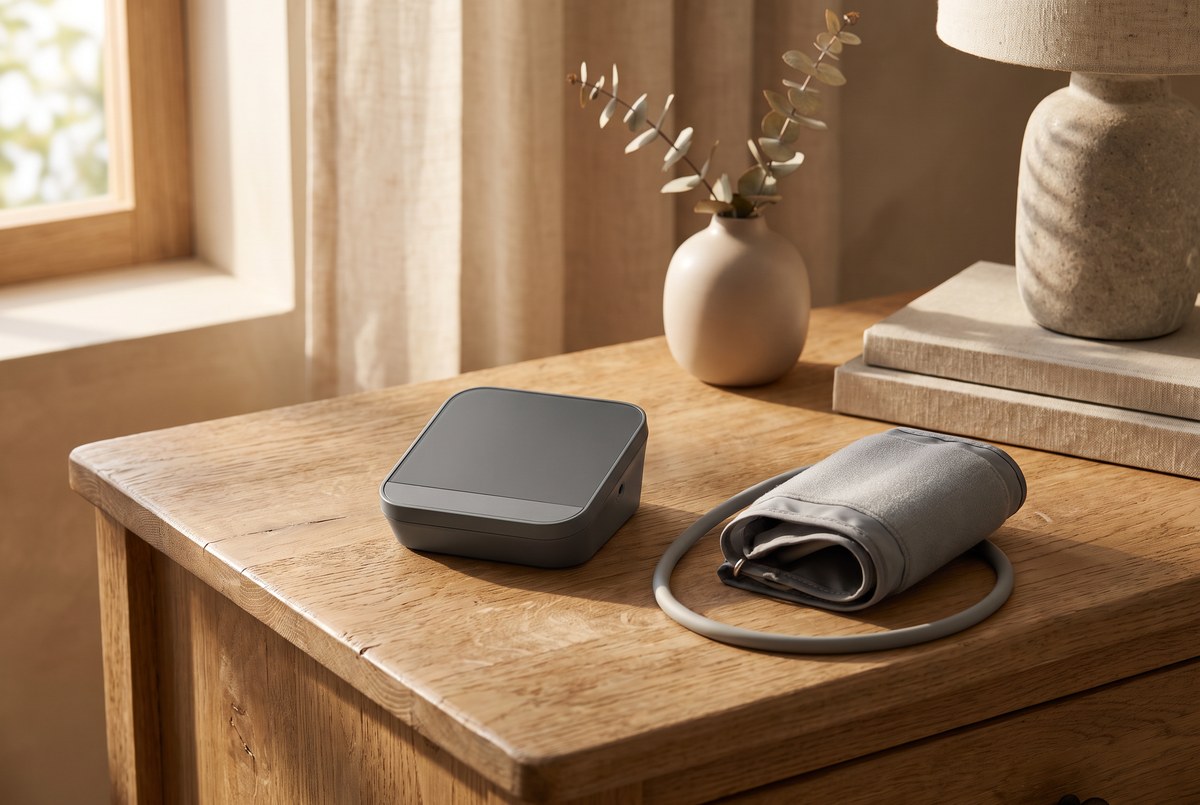 A compact unbranded blood-pressure monitor with a soft cuff coiled beside it, resting on a sunlit wooden nightstand, warm evening light, photographed for Magellan Longevity's review of every half hour for twenty-four hours: the blood-pressure test that sees in the dark.