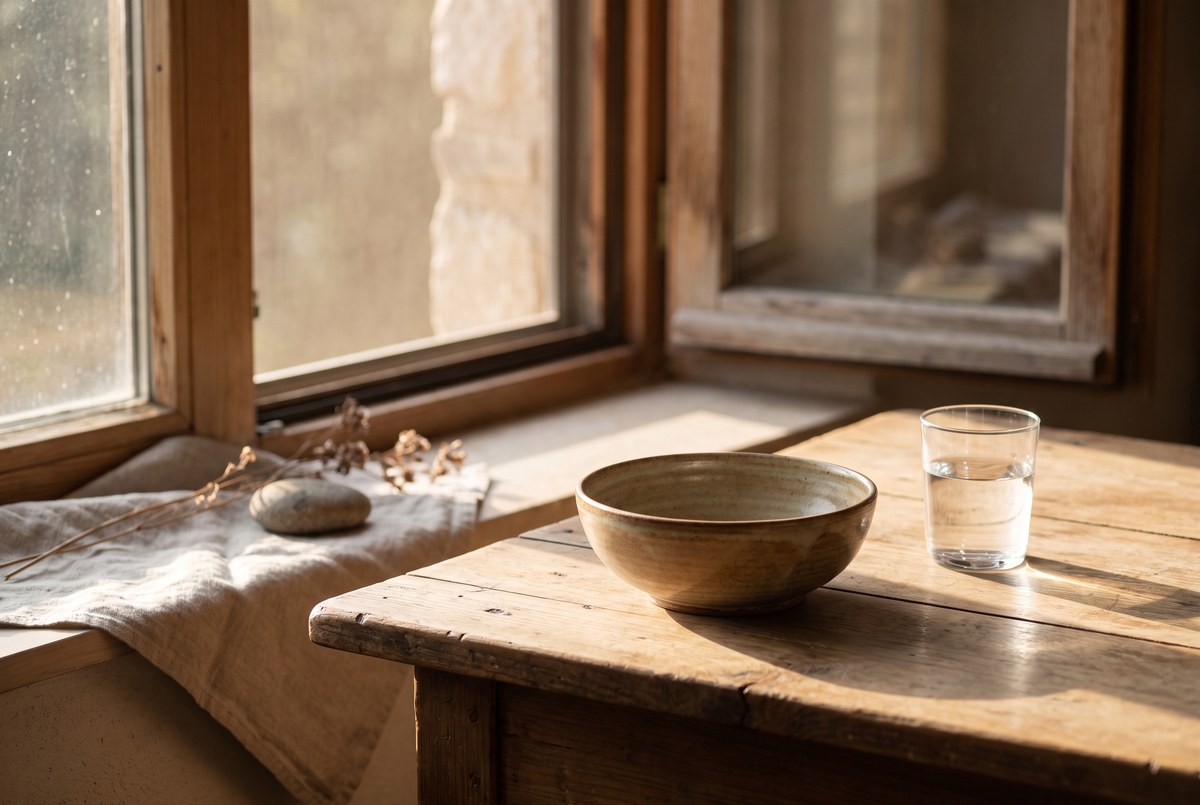 An empty ceramic bowl and a glass of water on a bare wooden table, soft afternoon light streaming through a window, minimalist and calm, photographed for Magellan Longevity's review of does a 72-hour fast reset the immune system? a claim ahead of the human data.