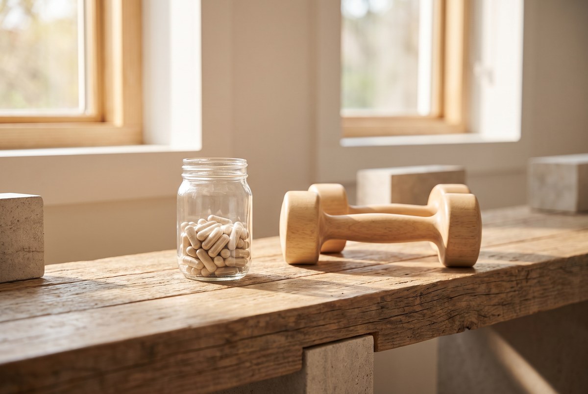 A small glass jar of capsules beside a pair of light dumbbells on a sunlit wooden gym counter, warm morning light, photographed for Magellan Longevity's review of the mitochondria pill with a split personality.