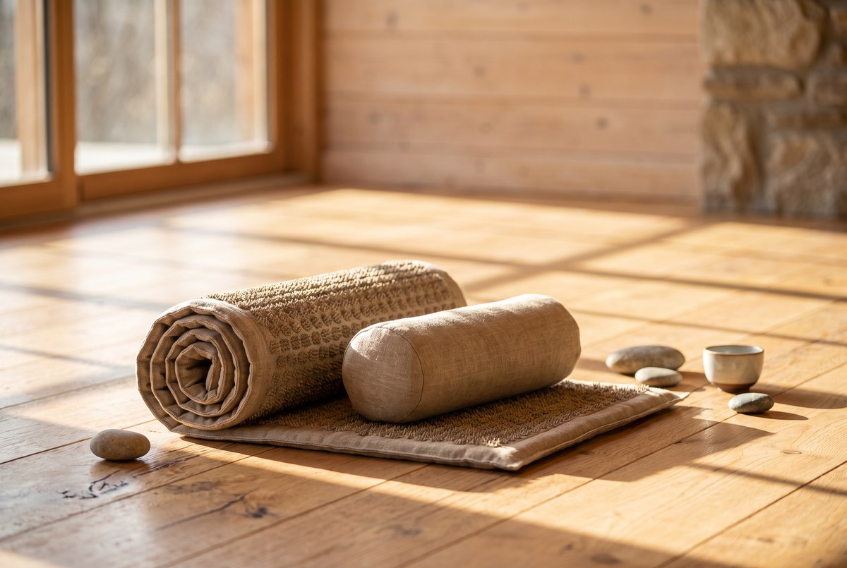 A textured acupressure mat and matching pillow rolled neatly on a wooden studio floor, warm afternoon sunlight, calm minimalist scene, photographed for Magellan Longevity's review of six thousand plastic spikes! the acupressure mat, the relaxation response, and the trial that compared it to just lying down.