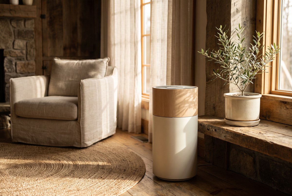 A minimalist wooden-topped air purifier in the corner of a sunlit living room with a potted plant beside it, soft warm light, airy modern-rustic interior, photographed for Magellan Longevity's review of the air in your living room is not nothing.