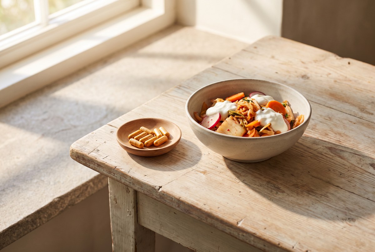 A bowl of fermented vegetables and yogurt beside a small dish of capsules on a rustic wooden table, soft warm light, photographed for Magellan Longevity's review of the bacterium that eats your mucus and might help your metabolism.