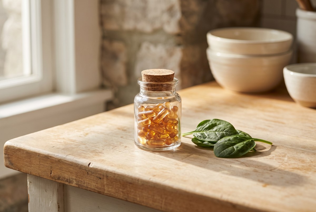 A small glass jar of golden capsules resting on a wooden counter beside a few spinach leaves, warm natural light, photographed for Magellan Longevity's review of burning feet at 2 a.m.: what alpha-lipoic acid can and cannot do for damaged nerves.