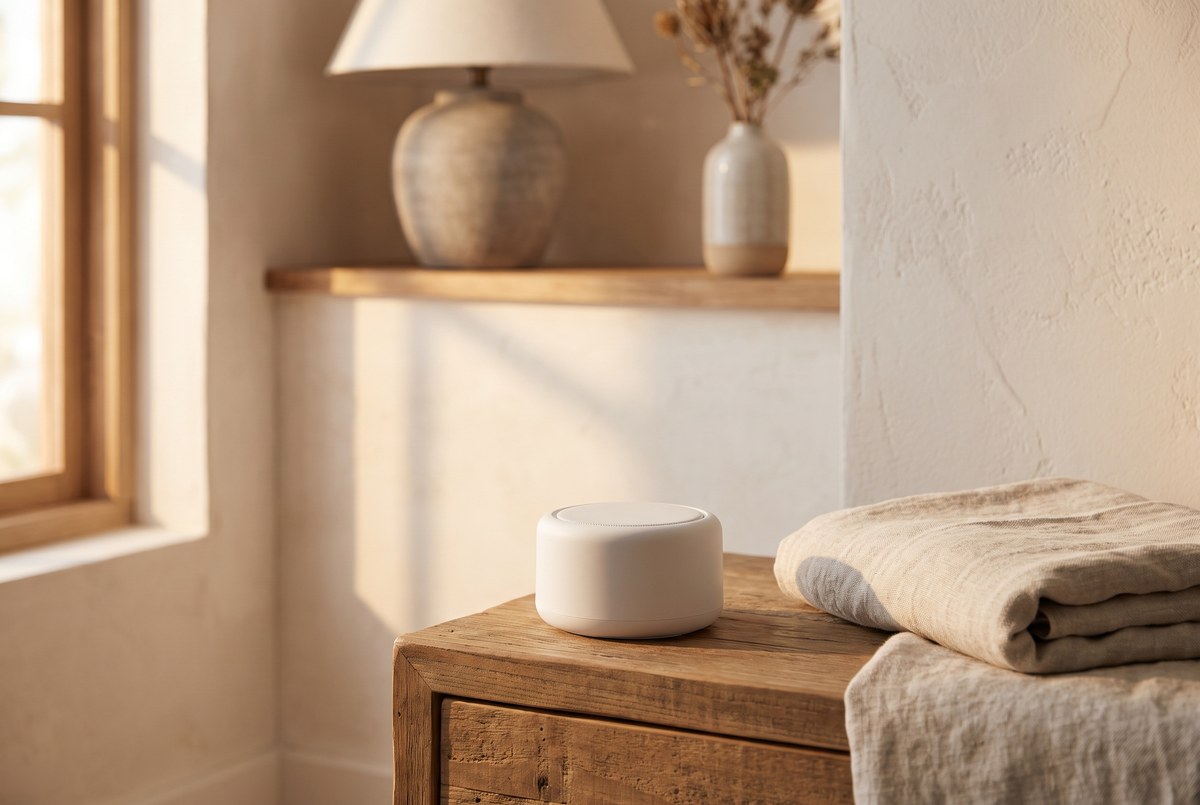 A small round unbranded white-noise machine on a wooden nightstand beside a soft folded linen blanket, warm bedroom evening light, photographed for Magellan Longevity's review of the sound that covers the sound: white noise, traffic, and the sleeping artery.
