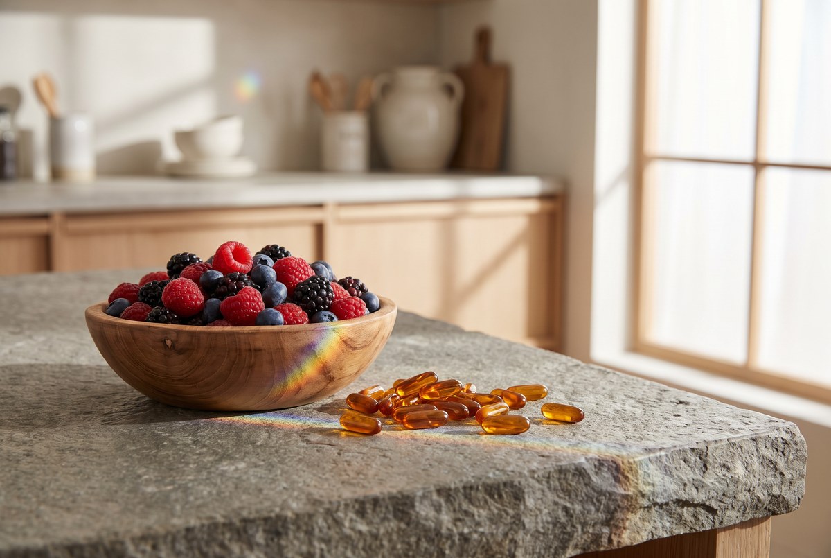 A wooden bowl of vivid berries and a scatter of translucent amber supplement capsules on a stone counter, with a single ray of sunlight splitting into a subtle prism, calm balance composition, photographed for Magellan Longevity's review of the antioxidant paradox: why less oxidative stress does not automatically mean slower aging.