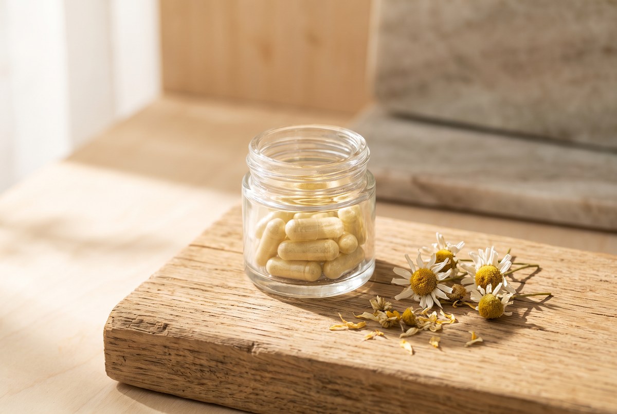 A small glass jar of pale yellow capsules beside a few dried chamomile flowers on a rustic wooden board, soft warm light, photographed for Magellan Longevity's review of the chamomile molecule and the nad+ drain: apigenin's elegant mechanism, missing human trial.