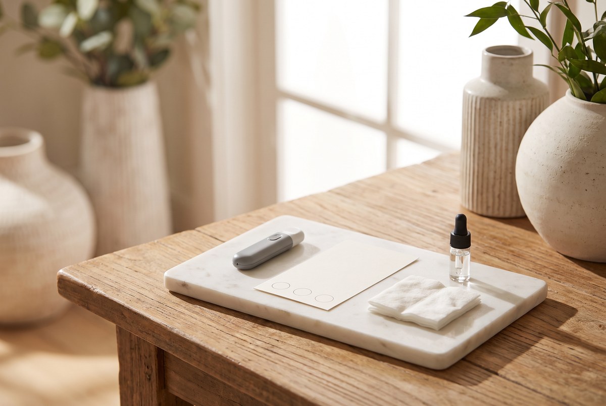 An at-home blood test kit with a small lancet, blank collection card, and cotton pad arranged neatly on a white marble tray, soft clinical daylight, photographed for Magellan Longevity's review of apob home test kit: understanding your heart disease risk better.