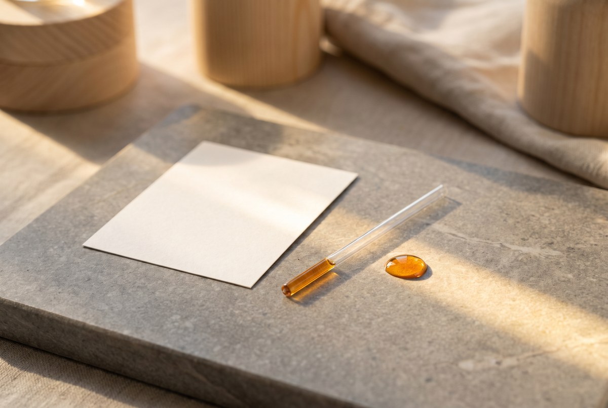 A blood-spot collection card and glass capillary tube arranged on a clean stone surface beside a single drop of light catching the sun, minimalist, photographed for Magellan Longevity's review of apob: the particle count that outpredicts your cholesterol number.