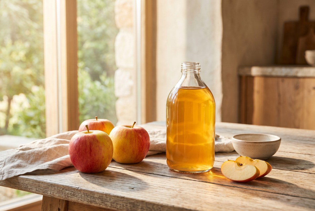 A glass bottle of amber apple cider vinegar beside a few fresh apples on a rustic wooden table, warm sunlight, photographed for Magellan Longevity's review of apple cider vinegar for glucose and weight: modest signal, oversized promise.