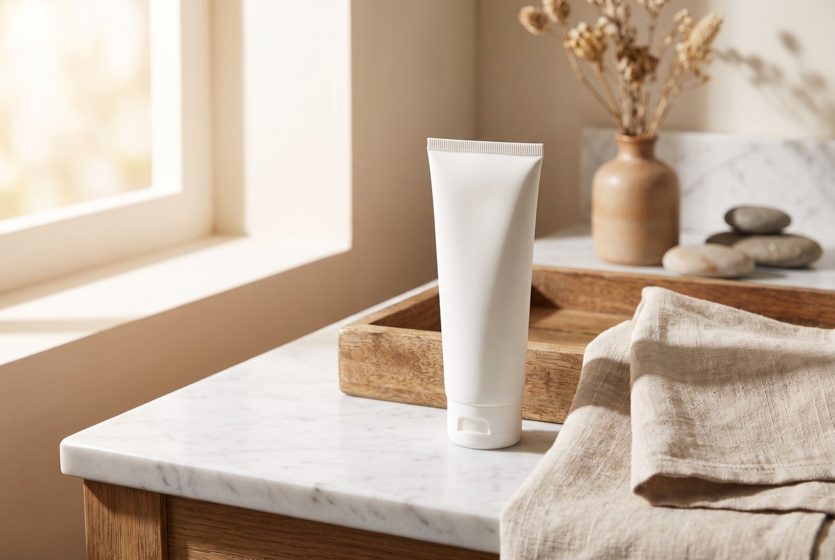 An unbranded tube of white cream resting on a clean marble bathroom counter beside a folded towel, soft calm light, photographed for Magellan Longevity's review of does aspercreme 4% lidocaine cream actually work for pain relief?.