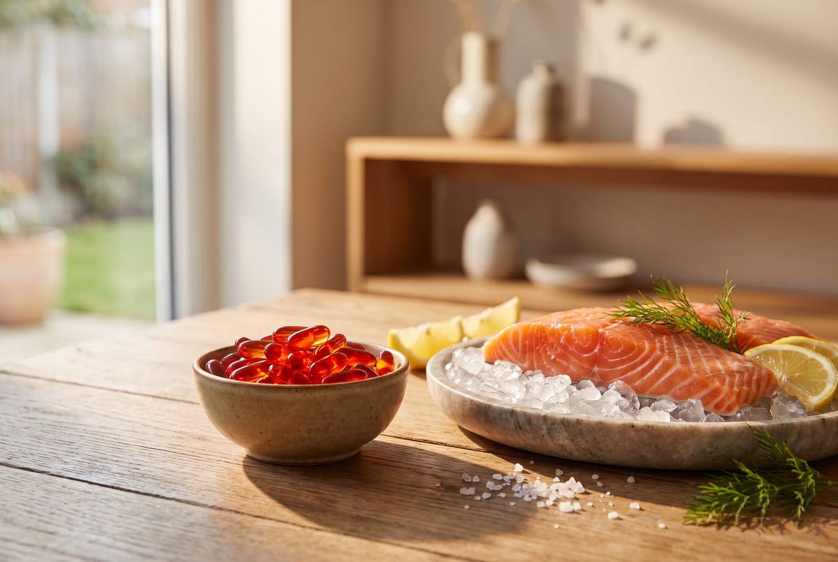 A small dish of vivid red-orange softgel capsules beside a fresh salmon fillet on ice, warm jewel-toned light, photographed for Magellan Longevity's review of the red pigment under the trial lights.