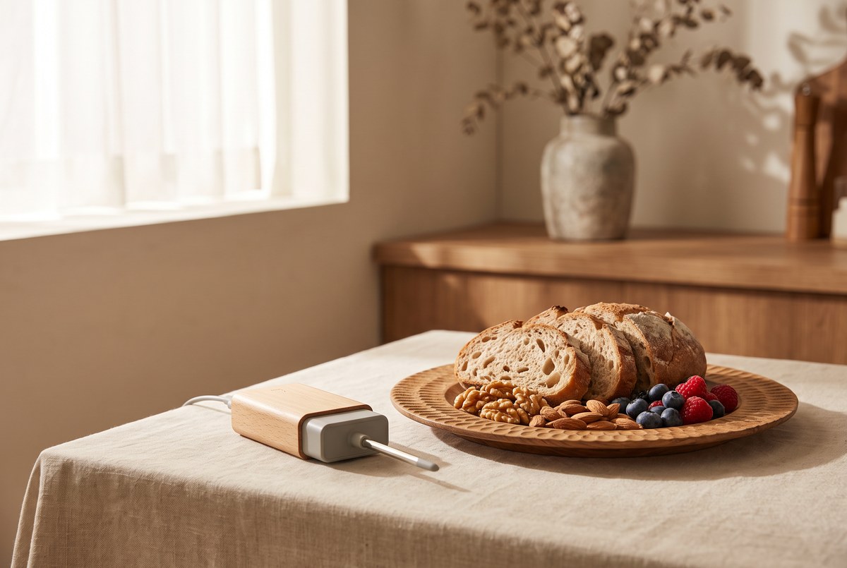 A small unbranded handheld food-allergen sensor device beside a wooden plate of fresh mixed food (bread, nuts, berries) on a linen tablecloth, soft kitchen sunlight, photographed for Magellan Longevity's review of a pea-sized sample of the truth: the promise and blind spots of portable food-allergen sensors.