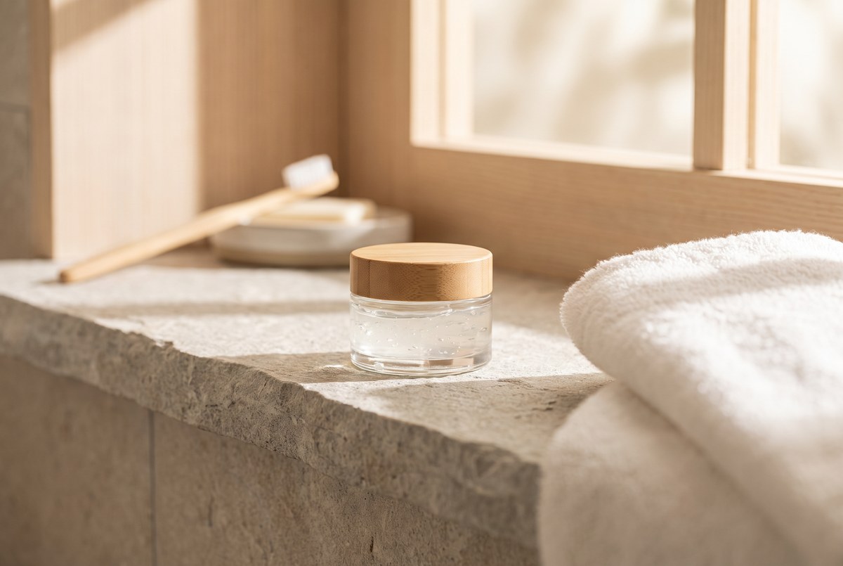 A small glass jar of translucent gel resting on a stone bathroom shelf beside a soft white towel, warm natural light, photographed for Magellan Longevity's review of the rosacea cream with actual receipts.