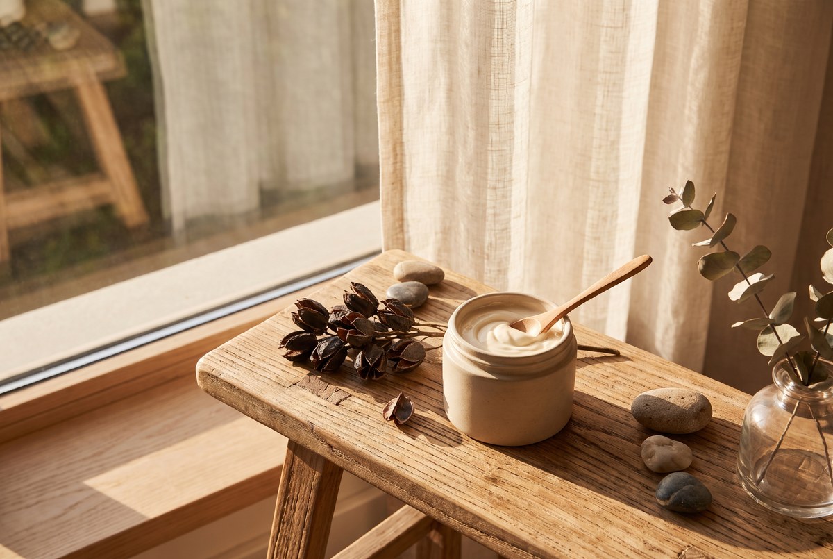 An open jar of soft cream beside dried babchi seed pods on a wooden vanity tray, warm afternoon light, photographed for Magellan Longevity's review of the babchi seed's résumé: one head-to-head trial, a gene-expression trick, and a tolerability crown.