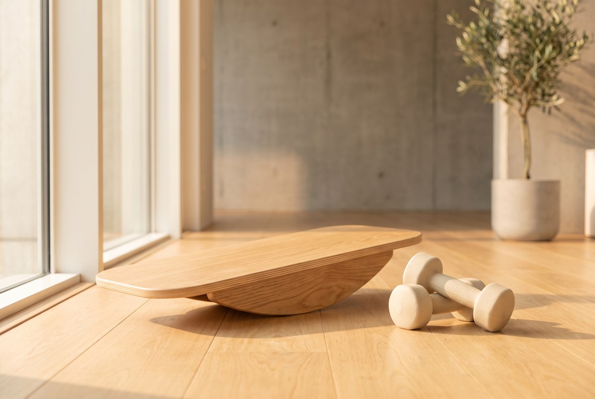 A wooden balance board and a pair of light dumbbells arranged on a sunlit gym floor, warm morning light, clean minimalist composition, photographed for Magellan Longevity's review of balance and strength training: a proven path to fewer falls and better mobility.