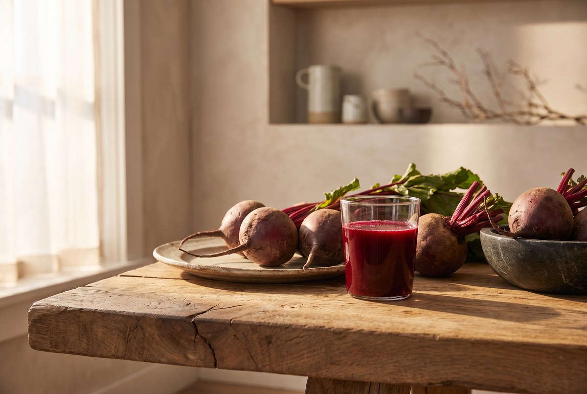 Fresh whole beets and a glass of deep red beet juice on a rustic wooden table, warm earthy sunlight, photographed for Magellan Longevity's review of the number on the cuff: what beetroot juice can and cannot do about it.