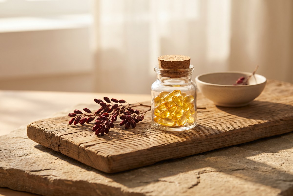 A small glass jar of golden-yellow capsules beside dried barberry sprigs on a rustic wooden board, warm sunlight, photographed for Magellan Longevity's review of berberine: what the glucose and lipid trials really say.