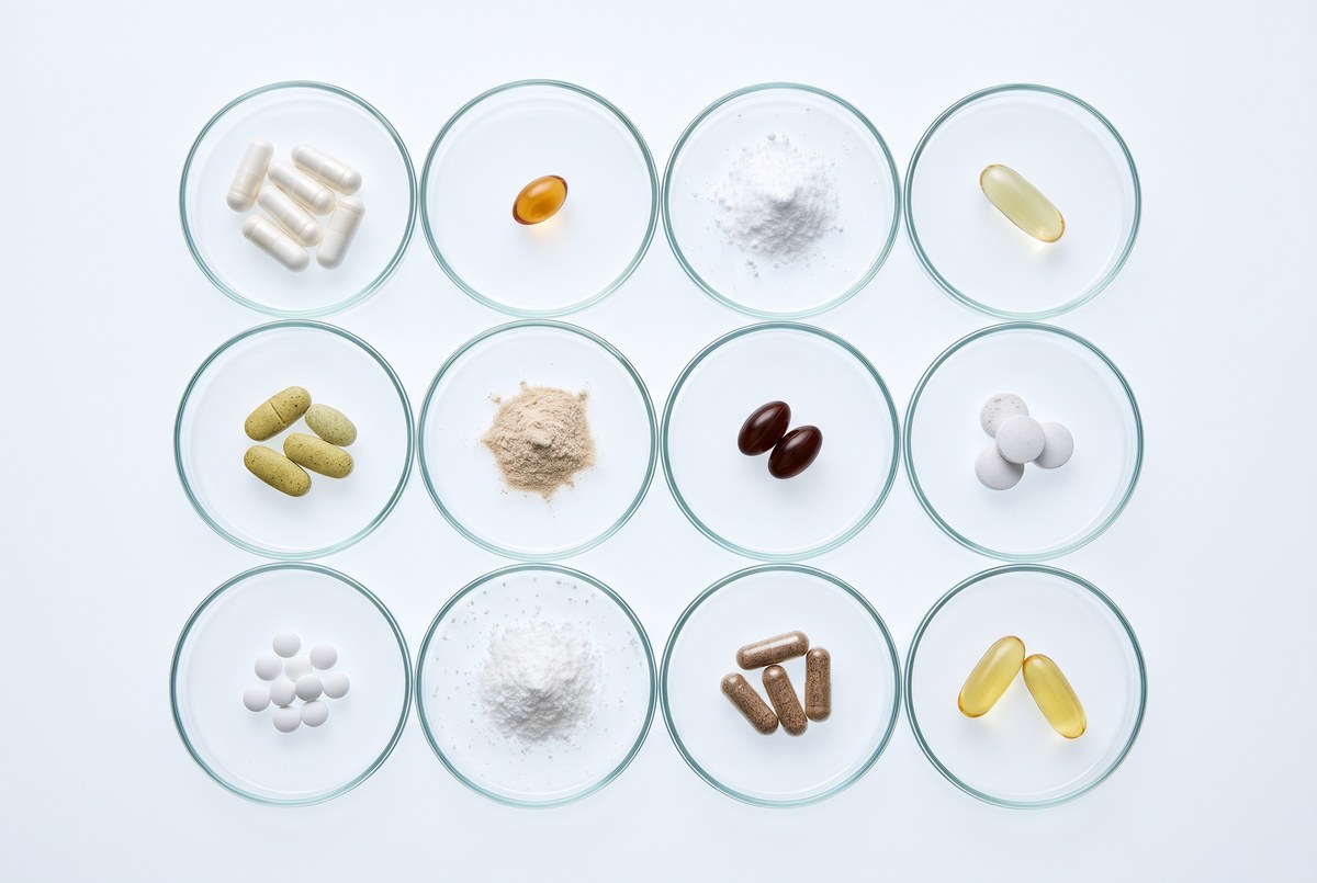 Twelve clear glass dishes arranged in an even grid on a white surface, each holding a different unlabelled supplement form — white capsules, an amber softgel, loose powder, chalky tablets — photographed from above for Magellan Longevity's evidence-graded review of longevity supplements.