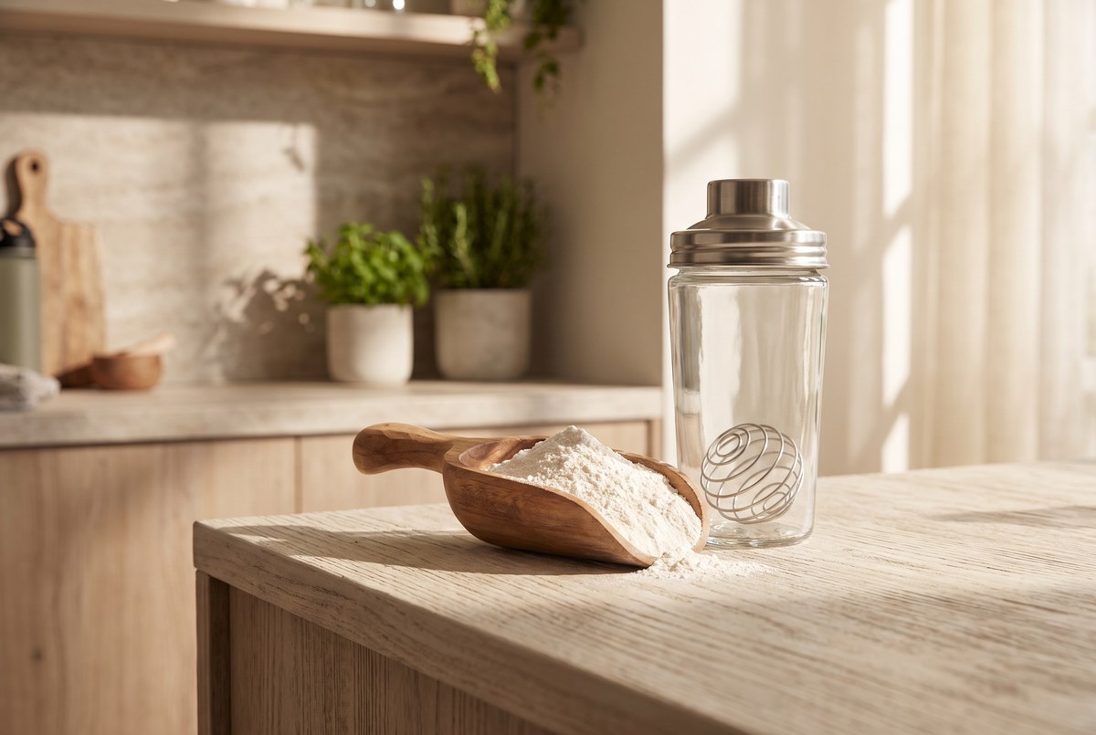 A wooden scoop of fine white powder resting beside a glass shaker bottle on a sunlit gym counter, clean bright light, photographed for Magellan Longevity's review of beta-alanine: the tingle, the buffer, and the narrow window where it works.