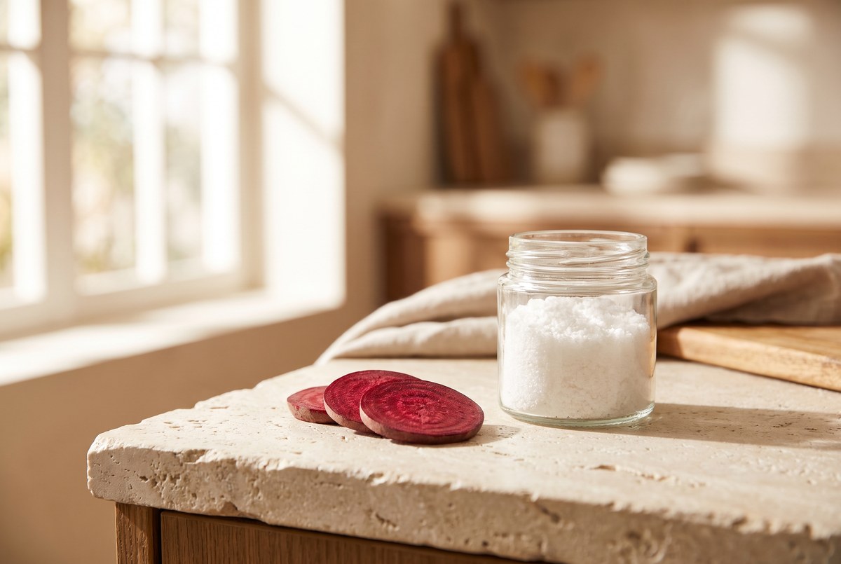 A small glass jar of white crystalline powder beside a few beetroot slices on a stone counter, soft warm light, photographed for Magellan Longevity's review of the methionine load: inside the quiet science of betaine.