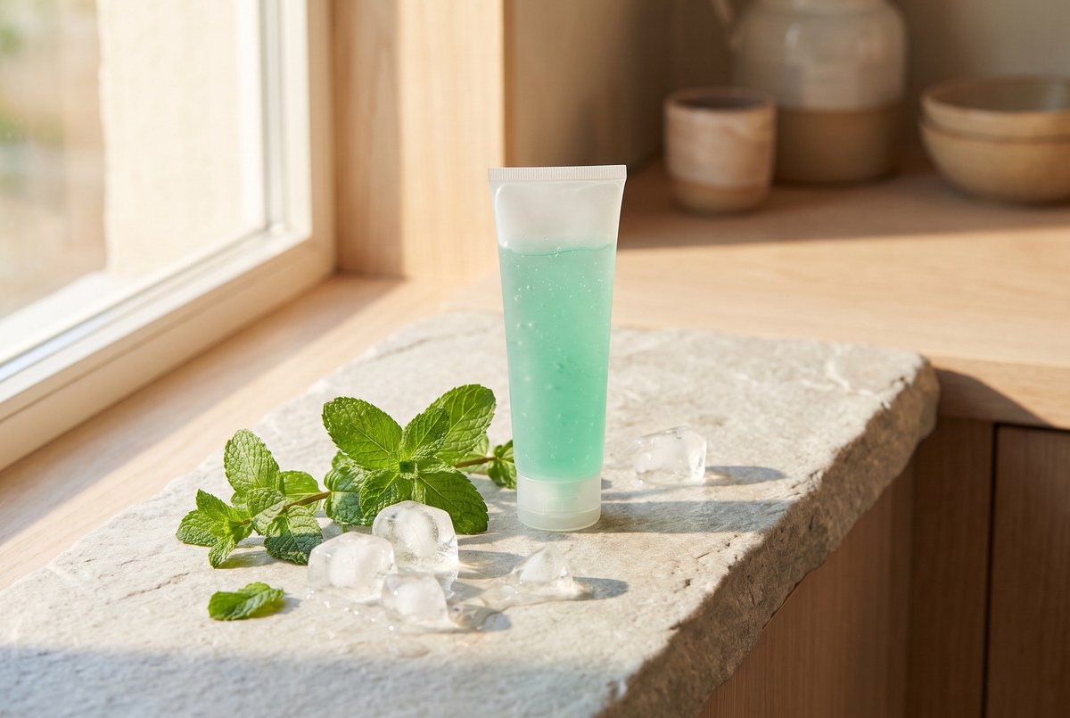 An unbranded tube of cool blue-green gel resting on a stone counter beside fresh mint leaves and ice, cool refreshing light, photographed for Magellan Longevity's review of biofreeze menthol pain relief gel: evidence on pain relief and healthspan.
