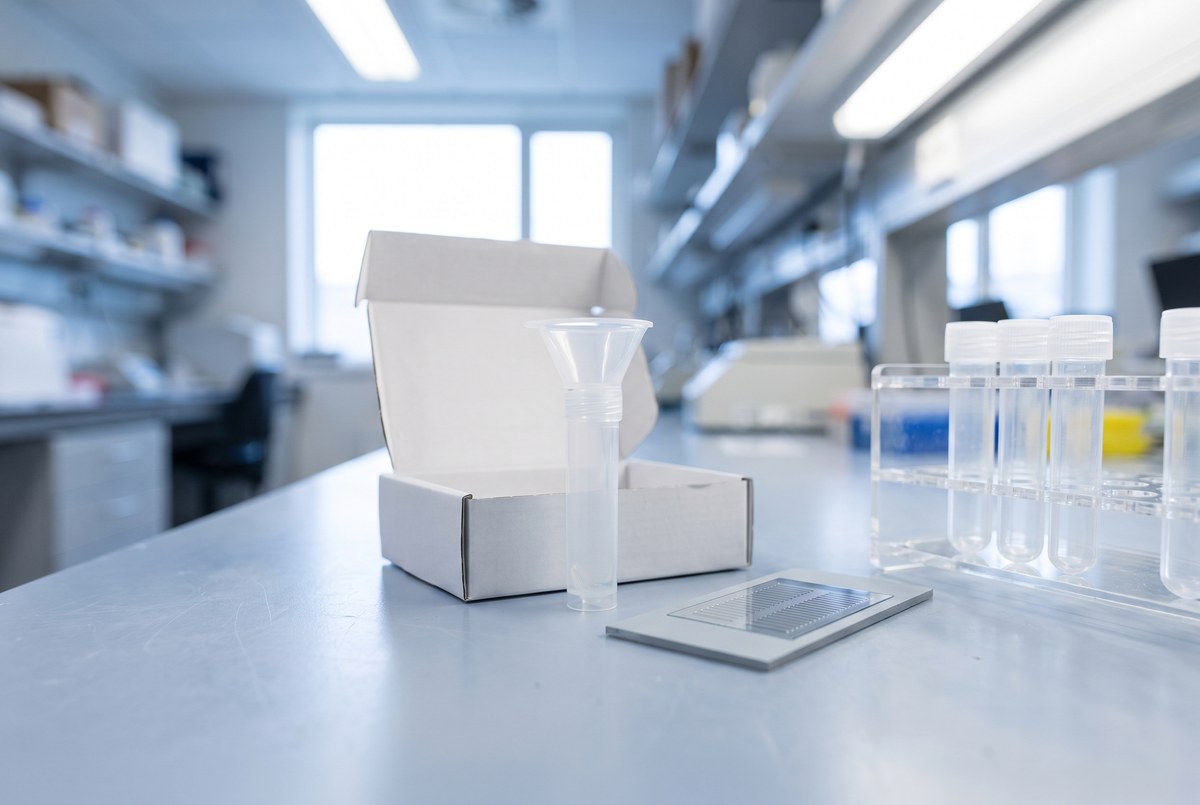 A brightly lit laboratory bench holding an unlabelled at-home saliva collection tube in a plain white mailer box, a bare methylation microarray chip and a rack of clear sample tubes, photographed for Magellan Longevity's evidence review of biological age testing.