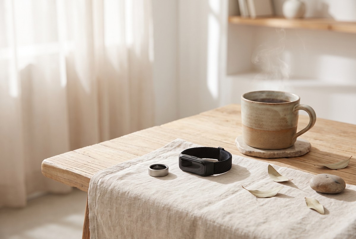 A minimalist smart ring and a slim fitness watch resting together on a pale linen cloth beside a steaming ceramic cup of tea, soft morning light, photographed for Magellan Longevity's review of the night the ring went to the sleep lab.