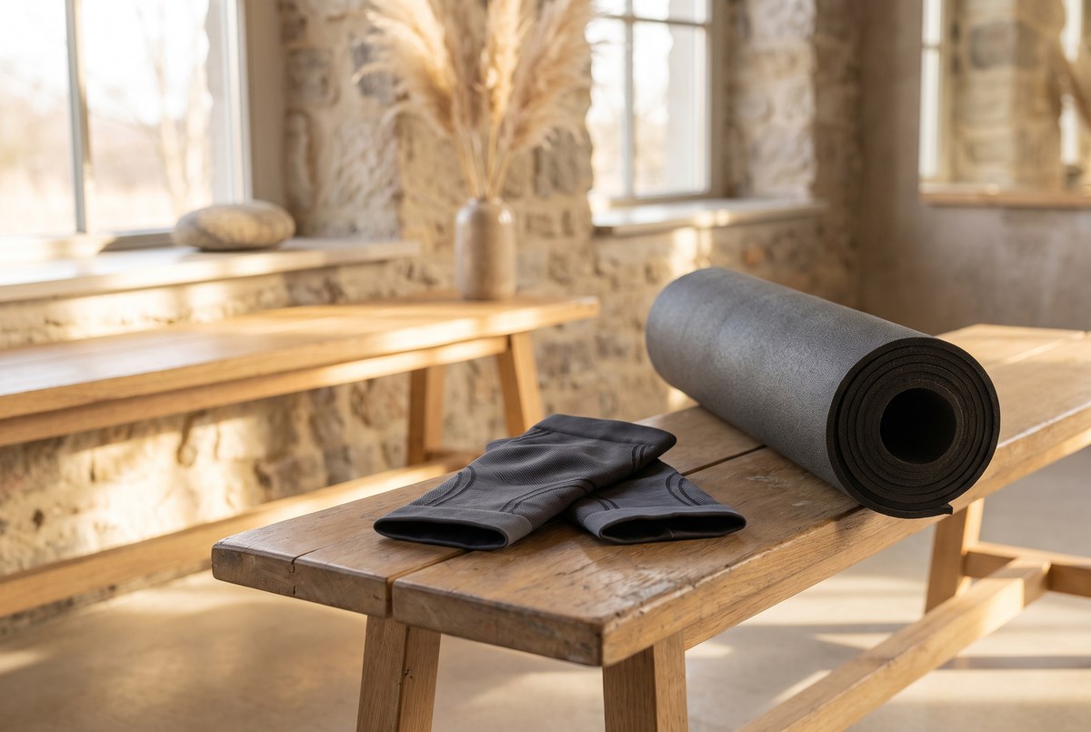 A pair of modern unbranded compression training cuffs resting on a wooden gym bench beside a foam mat, warm natural light, photographed for Magellan Longevity's review of can blood flow restriction cuffs build muscle for healthspan?.