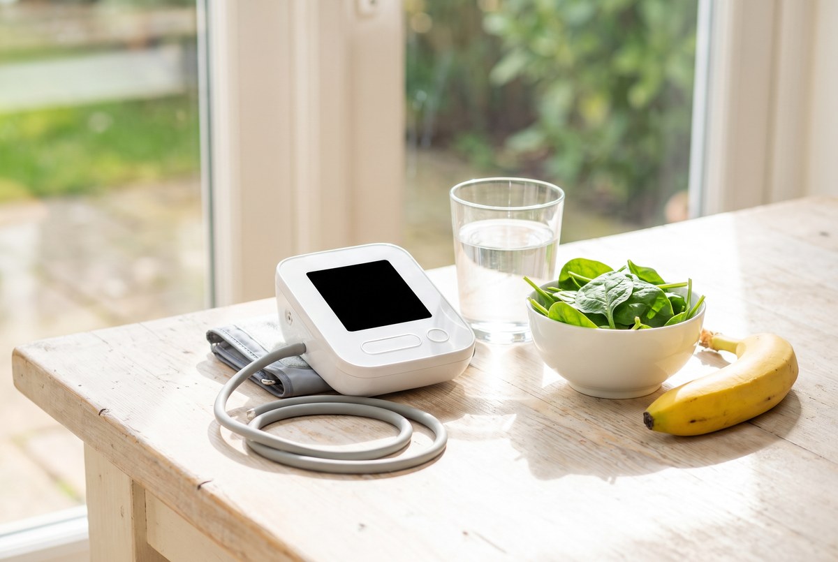 A bright kitchen table by a sunlit window: an unbranded automatic blood-pressure monitor with a blank screen and coiled cuff tubing beside a glass of water, a bowl of spinach and a banana, photographed for Magellan Longevity’s evidence review of what actually moves blood pressure.