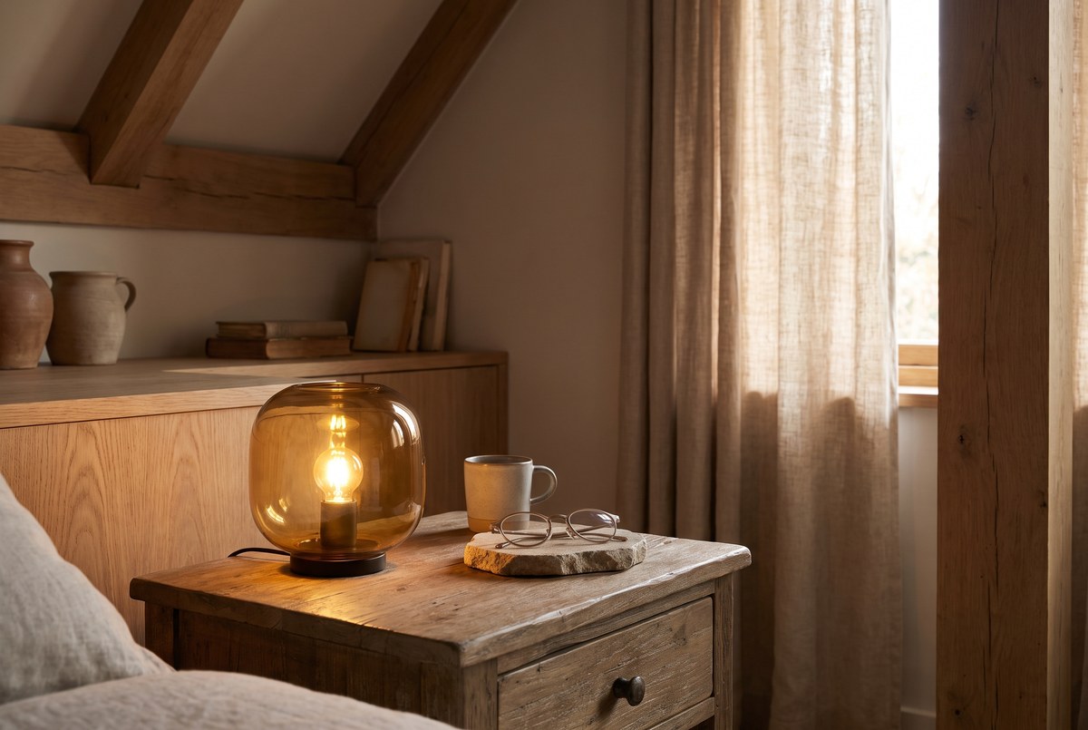 A warm amber bedside lamp glowing softly on a wooden nightstand at dusk, a pair of simple glasses resting beside it, cozy calming light, photographed for Magellan Longevity's review of the last light of the day: blue-blockers and the honest evidence on sleep.