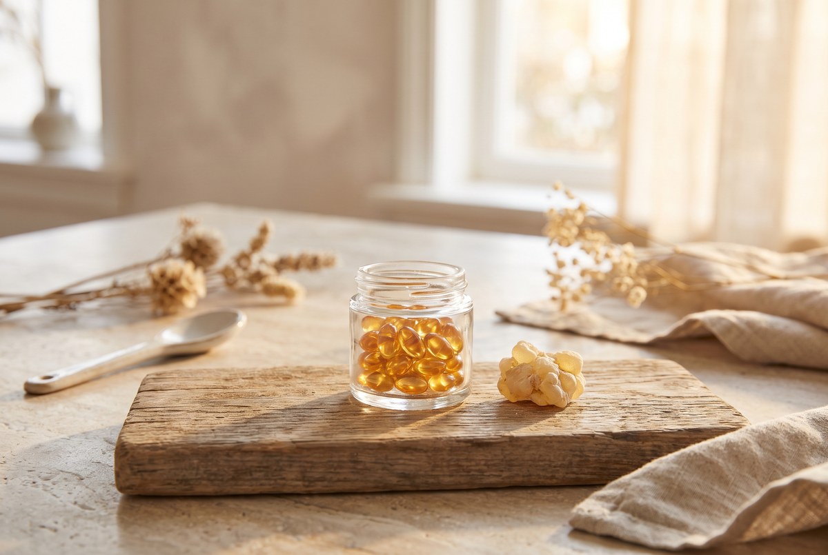 A small glass jar of amber resin capsules beside a piece of frankincense resin on a rustic wooden board, warm light, photographed for Magellan Longevity's review of frankincense for the knees: an old resin faces the meta-analysis.