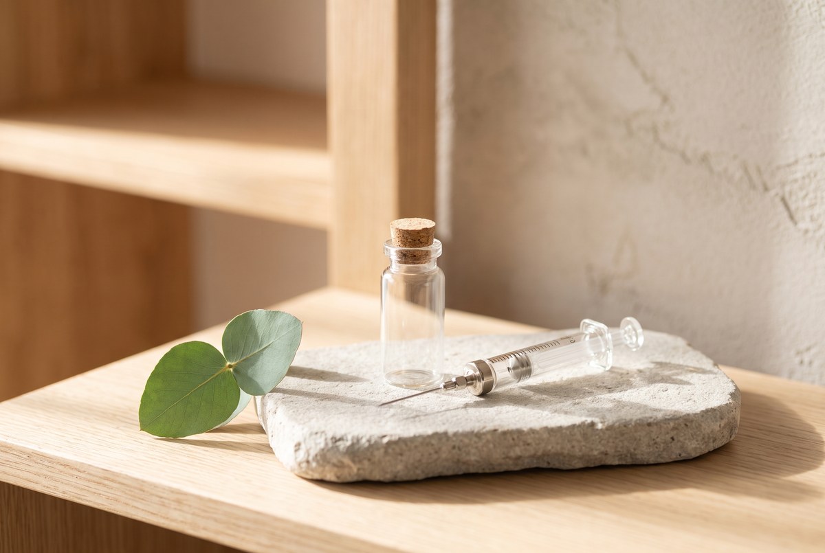 A small glass vial and syringe arranged neatly on a clean stone tray beside a single fresh leaf, soft clinical daylight, photographed for Magellan Longevity's review of bpc-157 is not proven human tissue repair: what the evidence actually shows.