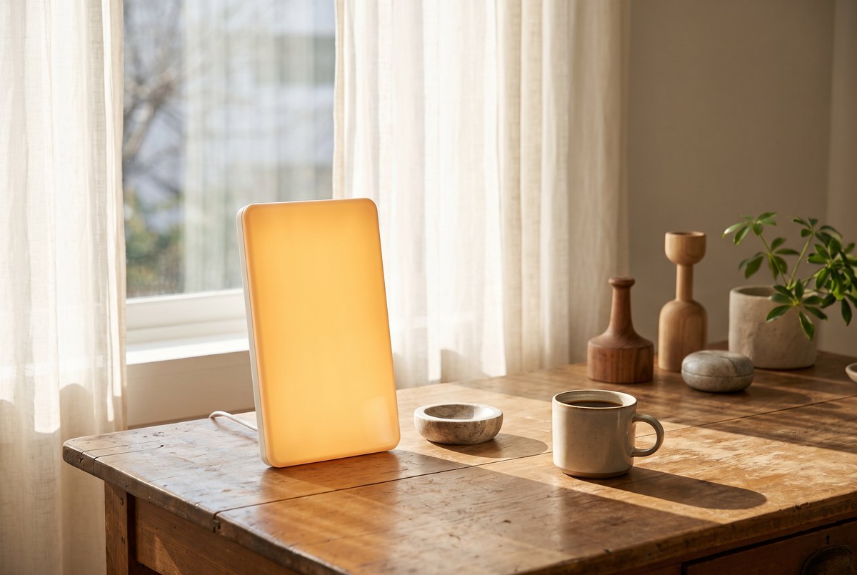A sleek rectangular light-therapy lamp glowing bright and warm on a wooden desk beside a cup of coffee, morning sunlight streaming in, photographed for Magellan Longevity's review of ten thousand lux before breakfast.