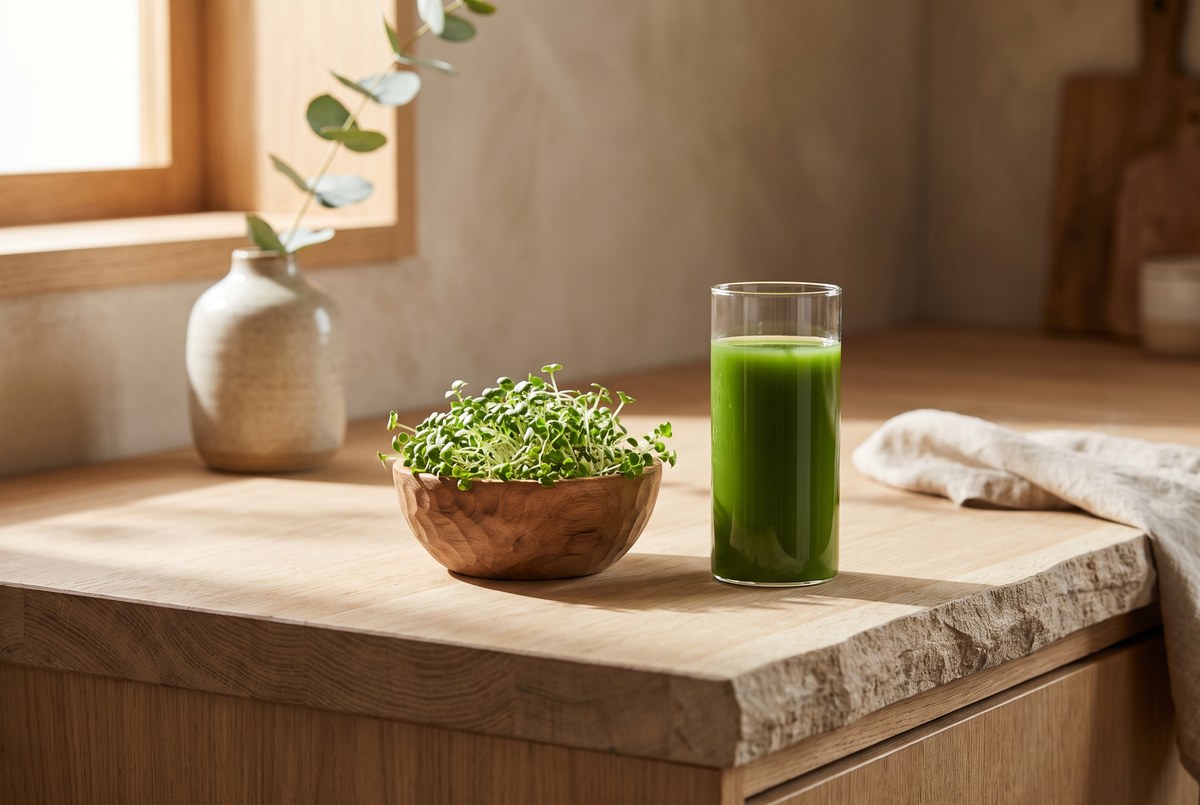A small wooden bowl of fresh broccoli sprouts beside a glass of green juice on a sunlit kitchen counter, fresh light, photographed for Magellan Longevity's review of crunch! the sprout, the enzyme, the switch — sulforaphane's small, real human signal.