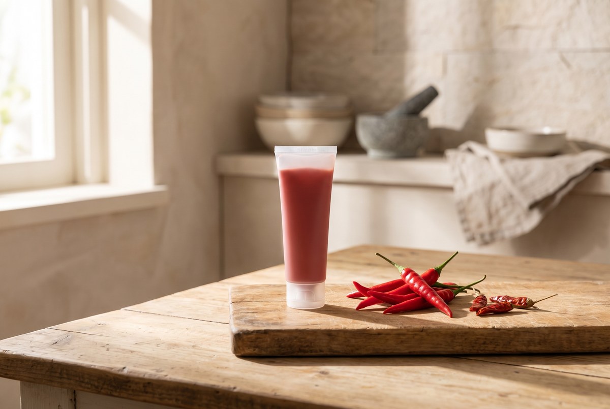 An unbranded tube of red-tinted pain relief cream resting beside fresh red chili peppers on a wooden kitchen counter, warm light, photographed for Magellan Longevity's review of capsaicin cream for pain: what the evidence says.