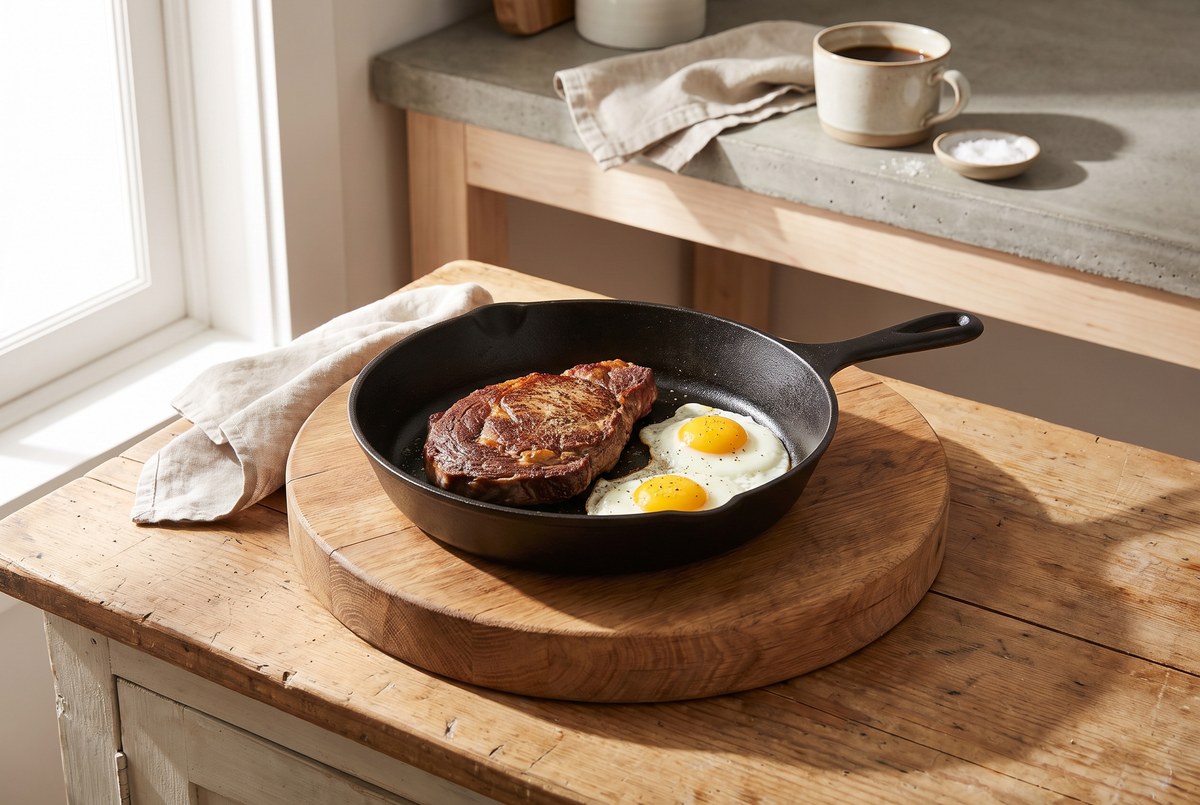 A simple wooden cutting board with a cast-iron pan of grilled steak and eggs, morning kitchen sunlight, rustic clean styling, photographed for Magellan Longevity's review of the carnivore diet and longevity: what we know, what we do not.