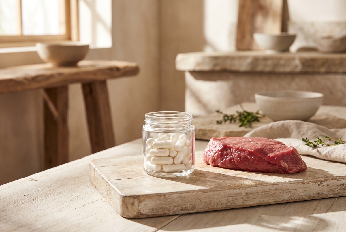 A small glass jar of white capsules resting beside a cut of lean meat on a rustic wooden board, warm light, photographed for Magellan Longevity's review of two amino acids walk into a capsule: what carnosine actually did in human trials.