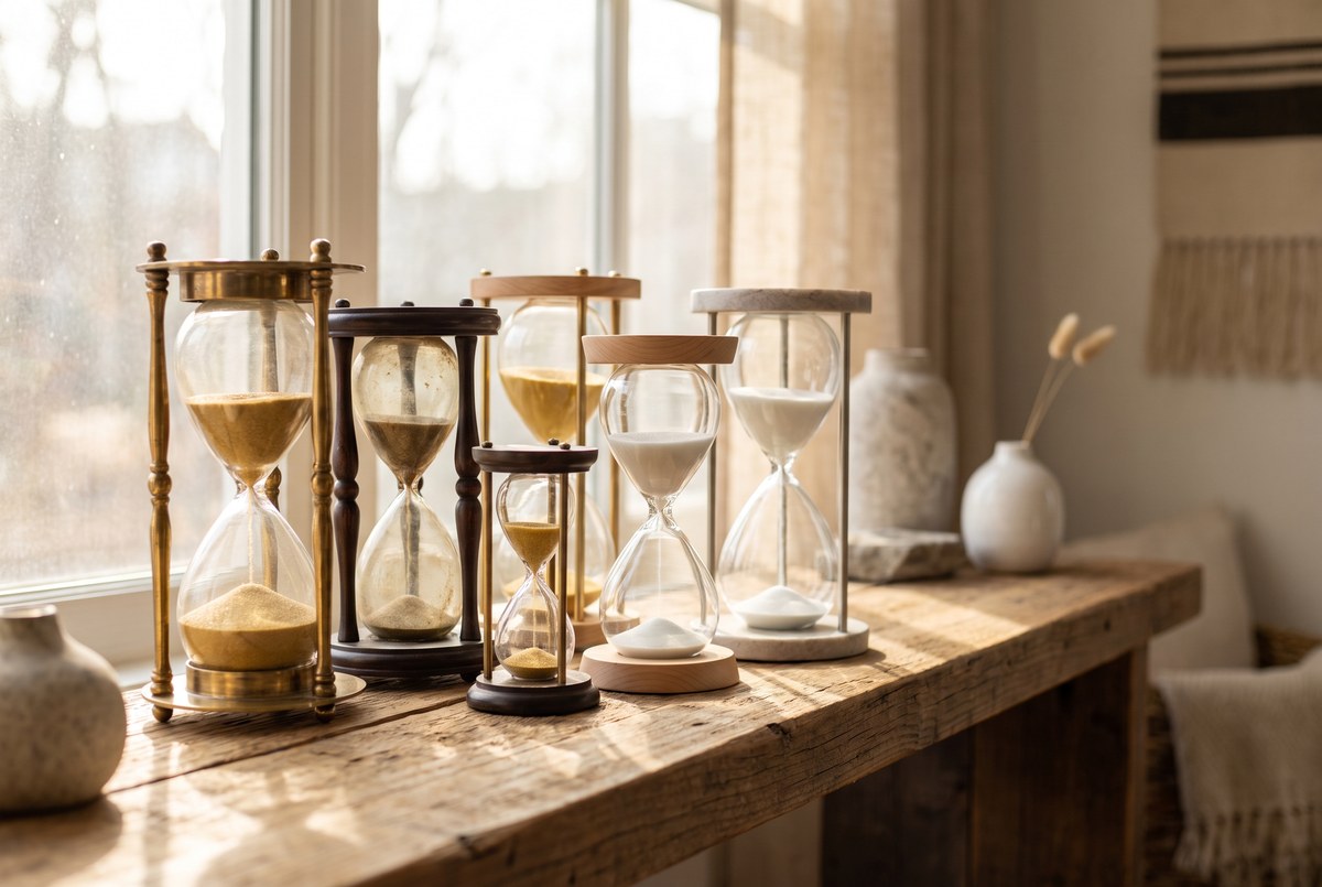 A collection of several different antique and modern hourglasses of varying sizes arranged on a sunlit wooden shelf, warm light, no clock faces with numbers, photographed for Magellan Longevity's review of clockbase reveals biological age patterns and why aging clocks disagree.