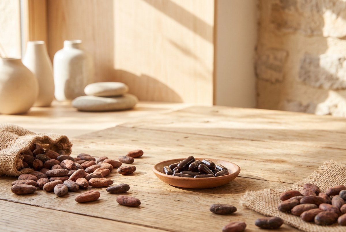 A scattering of raw cacao beans and a small dish of dark capsules on a rustic wooden table, warm chocolate-toned light, photographed for Magellan Longevity's review of 21,000 people ate cocoa extract for years. here is what the capsules could and couldn't prove.