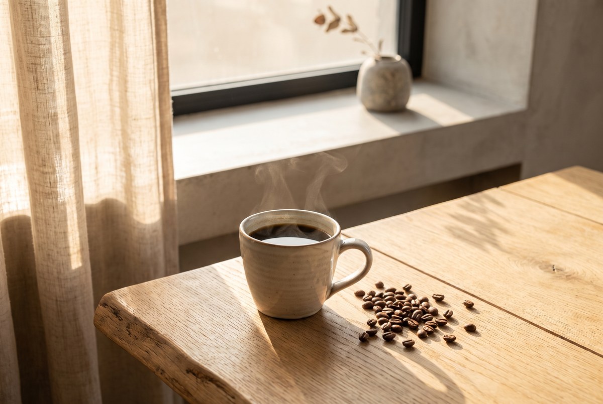 A steaming ceramic cup of black coffee on a wooden table beside scattered coffee beans, warm morning sunlight, photographed for Magellan Longevity's review of coffee and longevity: a strong association is still not a prescription.
