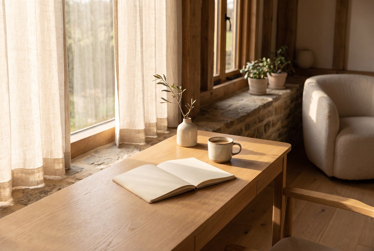 A tidy wooden desk with an open notebook, a cup of coffee, and soft afternoon light streaming through a window, photographed for Magellan Longevity's review of cognitive stamina: why your focus fades by 3 p.m..