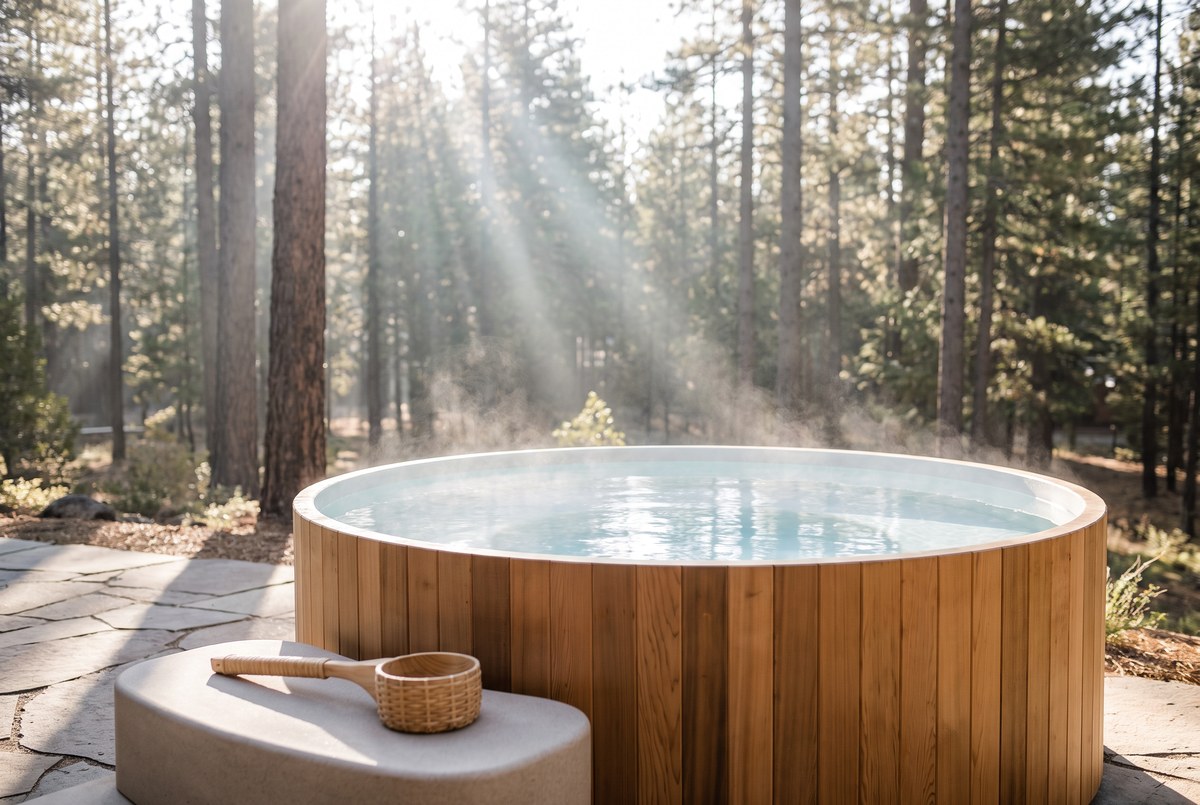 A round wooden cold-plunge tub outdoors filled with clear water, steam rising gently into crisp morning sunlight, surrounded by pine trees, photographed for Magellan Longevity's review of does a cold plunge raise dopamine 250% without a crash? the viral claim, examined.