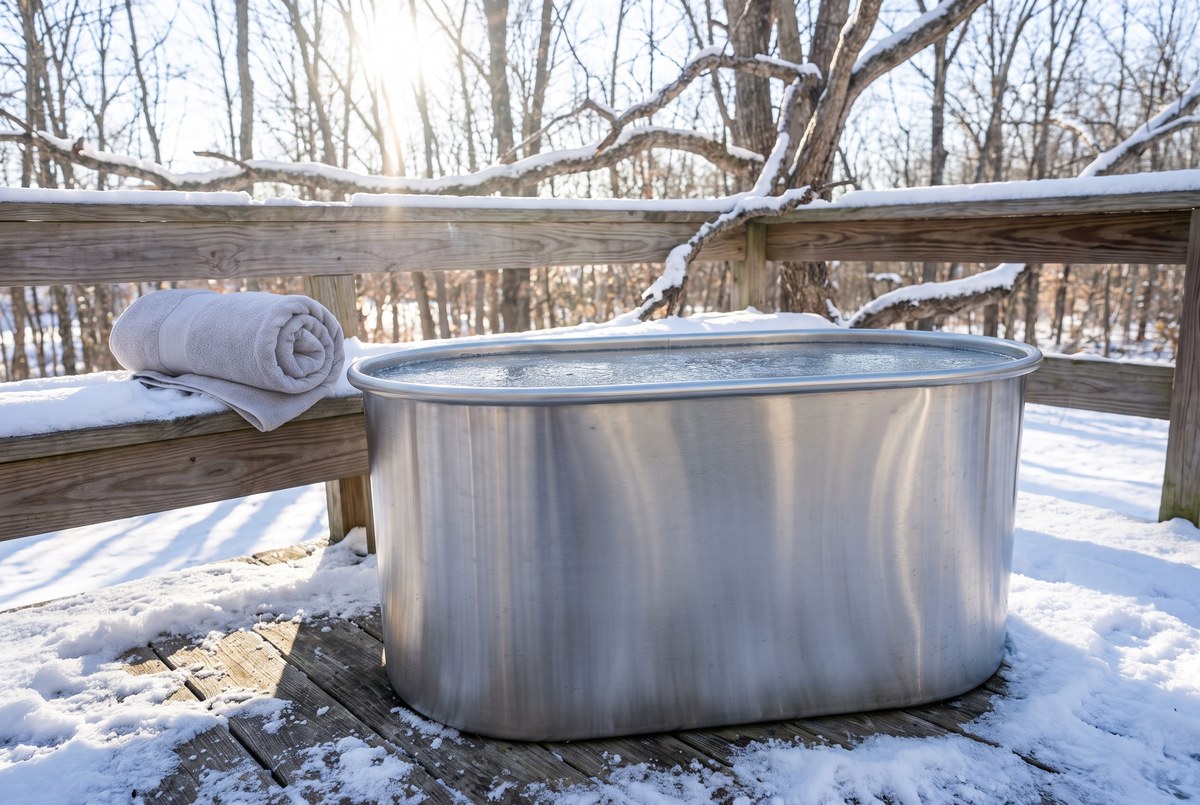 A bare stainless cold plunge tub on a snow-covered wooden deck in brilliant winter sunlight, bare hardwood branches behind it and a plain rolled towel on the rail, photographed for Magellan Longevity's evidence review of recovery therapies sold across the Capital Region.