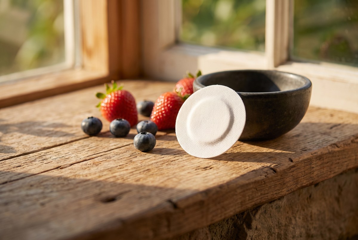 A small round unbranded biosensor patch resting on a sunlit wooden windowsill next to a few fresh berries, extreme close-up, no skin or body shown, photographed for Magellan Longevity's review of a number every few minutes: what continuous glucose monitors proved and what they haven't.