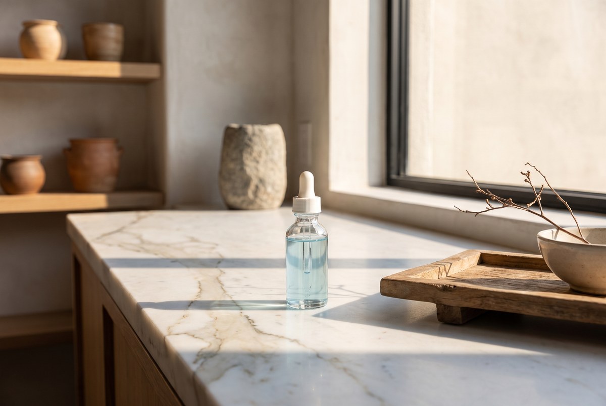 A glass dropper bottle of pale blue-tinted serum standing on a marble counter, soft cool-warm light contrast, minimalist styling, photographed for Magellan Longevity's review of the blue serum and the split-face test: what ghk-cu actually proved.