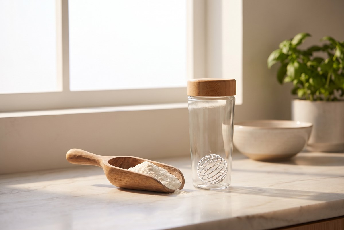 A wooden scoop of fine white powder beside a glass shaker bottle on a marble counter, clean gym-kitchen light, photographed for Magellan Longevity's review of does creatine cause hair loss? the dht story meets a direct trial.