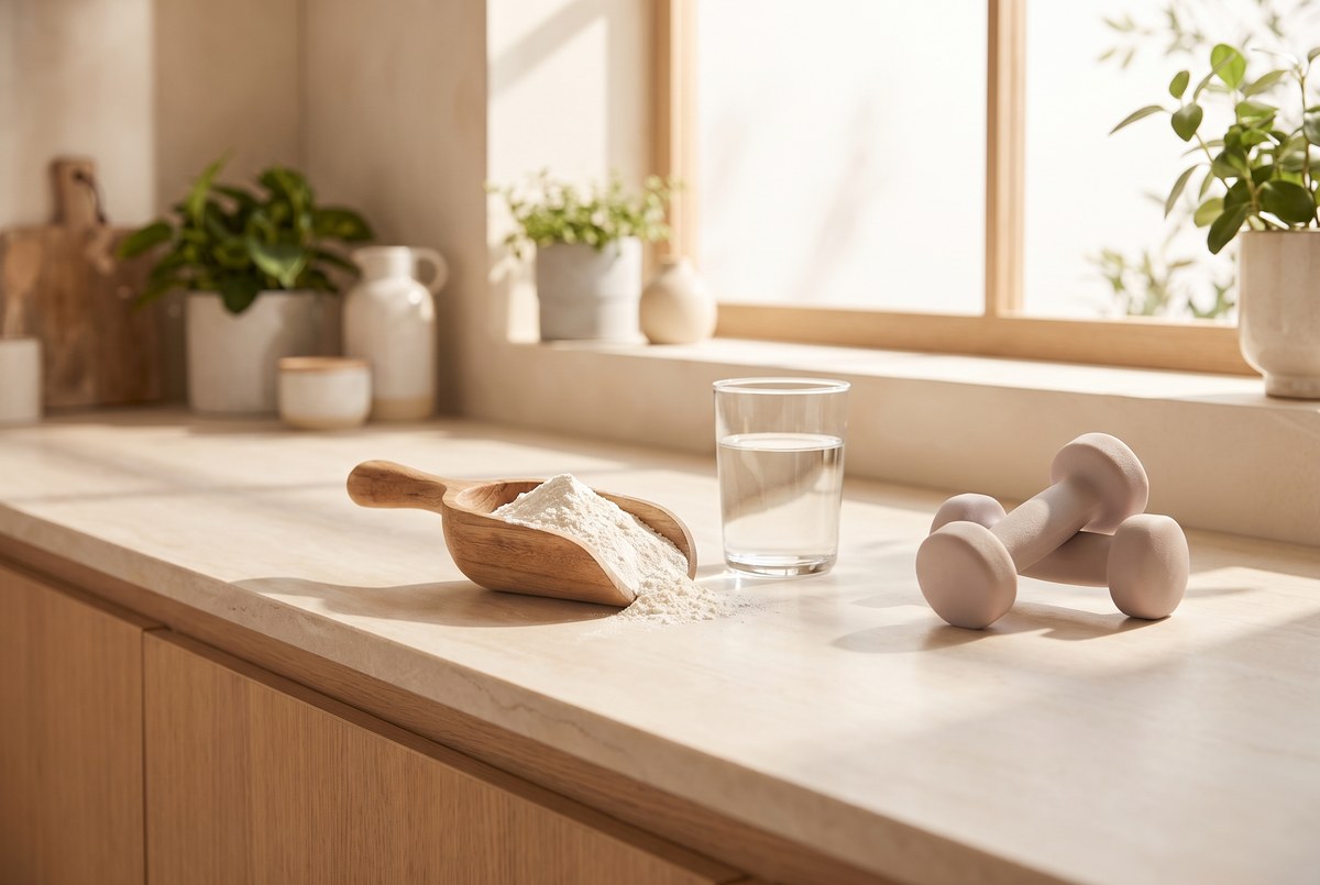 A wooden scoop of fine white powder resting beside a glass of water and light dumbbells on a sunlit gym counter, photographed for Magellan Longevity's review of creatine for healthy aging: strong on muscle, promising on brain, best with training.