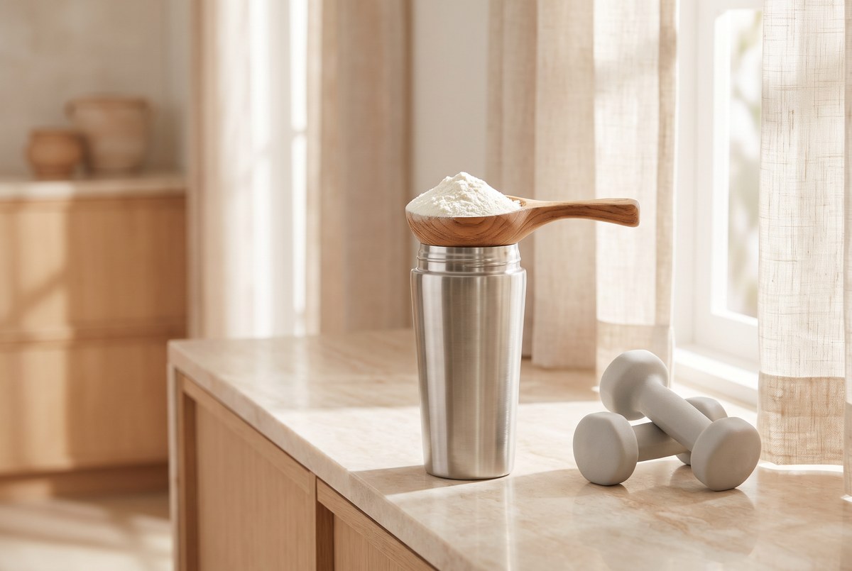 A classic wooden scoop of fine white powder resting on a stainless shaker beside light dumbbells, clean bright gym light, photographed for Magellan Longevity's review of the most studied powder in the gym still has fine print.