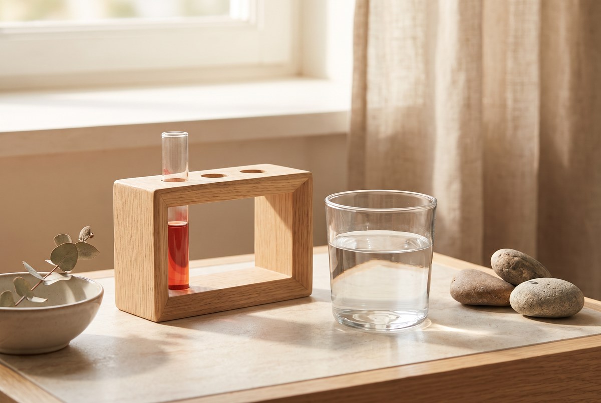 A small glass vial of blood sample standing in a wooden rack beside a fresh glass of water, soft window light, clinical-natural blend, photographed for Magellan Longevity's review of the number your kidneys write all day: cystatin c and the quiet upgrade to the kidney test.