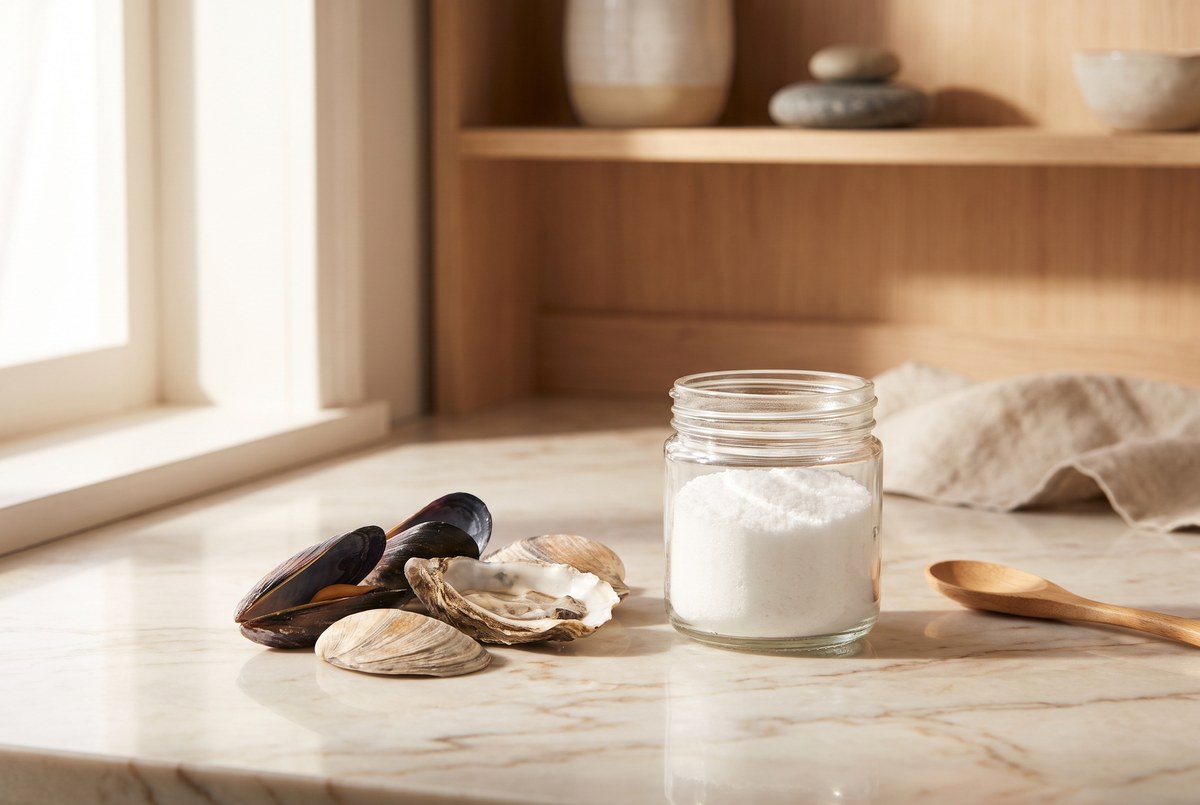 A small glass jar of white crystalline powder beside a few shellfish shells on a marble counter, soft natural light, photographed for Magellan Longevity's review of 1,500 milligrams a day, a quarter-millimeter of cartilage: the split verdict on glucosamine.
